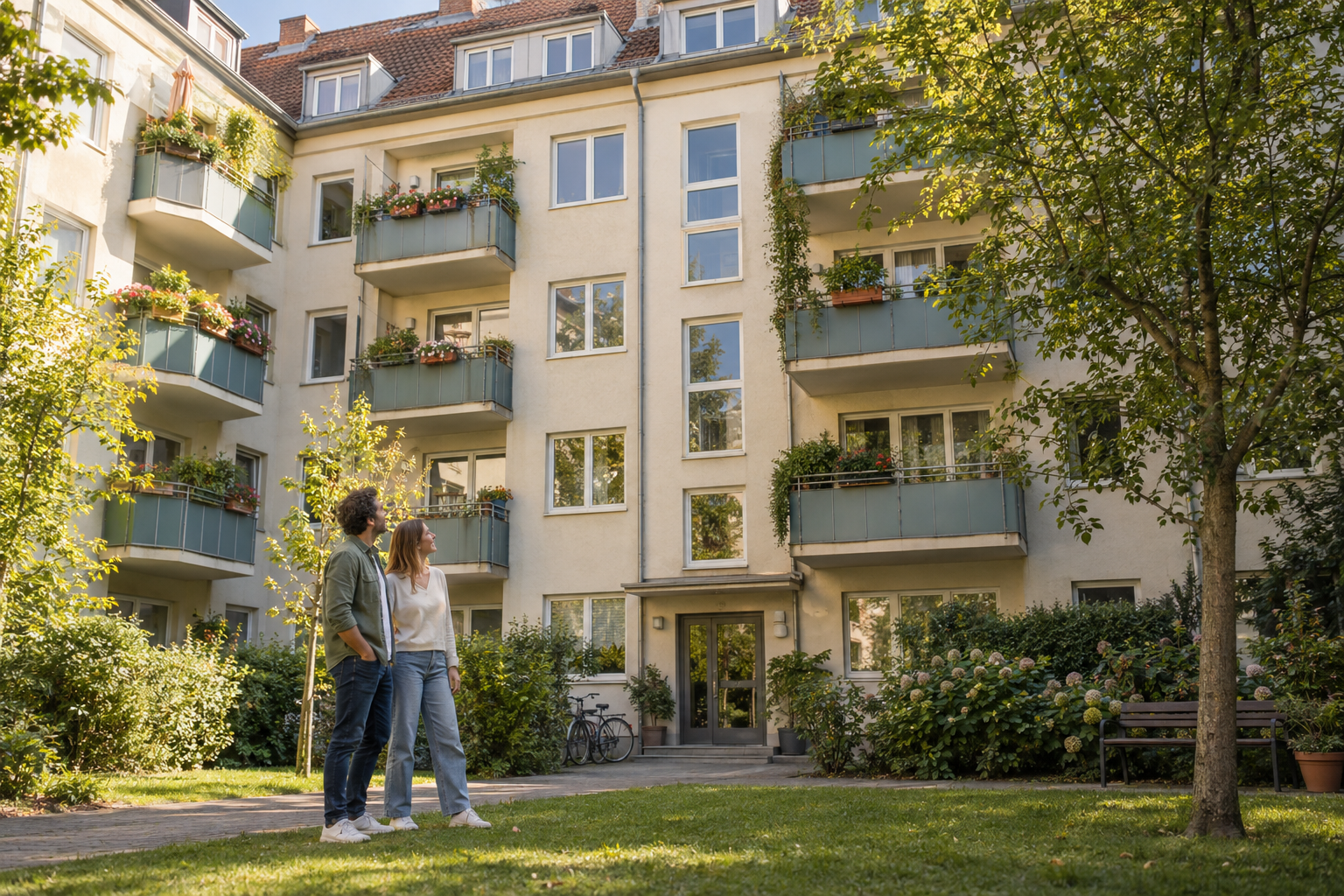 Paar betrachtet ein Mehrparteienhaus mit begrüntem Innenhof